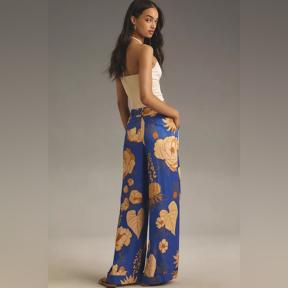 FARM Rio Blue Wide-Leg Floral Pants with Yellow/Gold Blooms - Picture 4 of 10